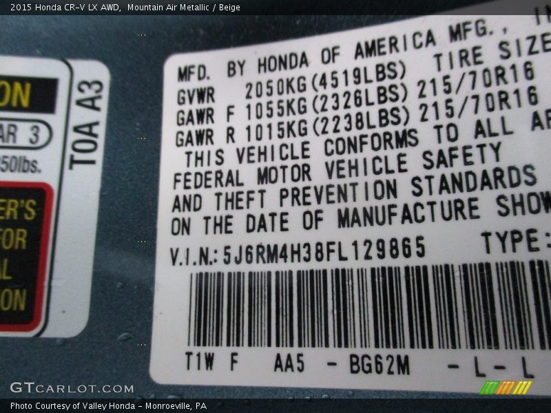 Mountain Air Metallic / Beige 2015 Honda CR-V LX AWD