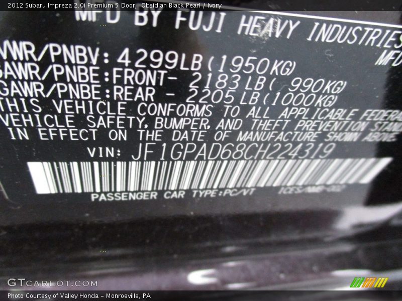 Obsidian Black Pearl / Ivory 2012 Subaru Impreza 2.0i Premium 5 Door
