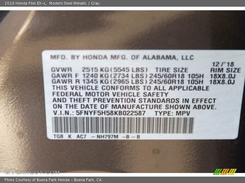 Modern Steel Metallic / Gray 2019 Honda Pilot EX-L