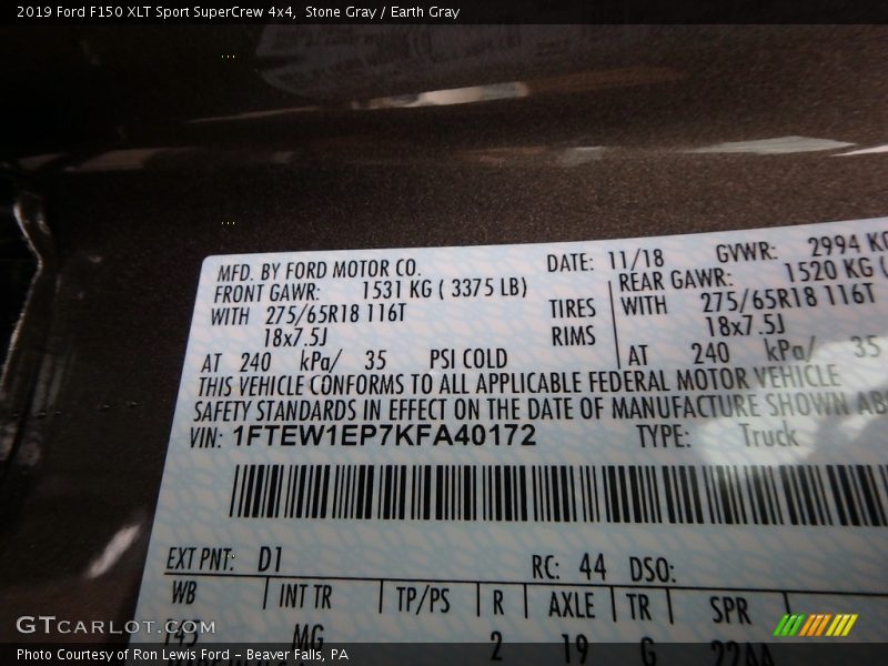 Stone Gray / Earth Gray 2019 Ford F150 XLT Sport SuperCrew 4x4