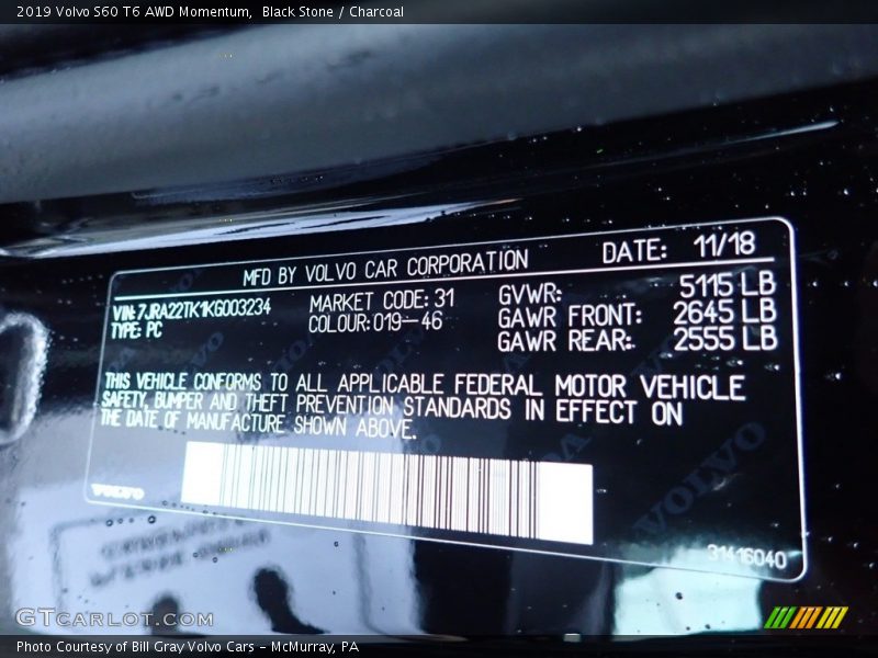 Black Stone / Charcoal 2019 Volvo S60 T6 AWD Momentum