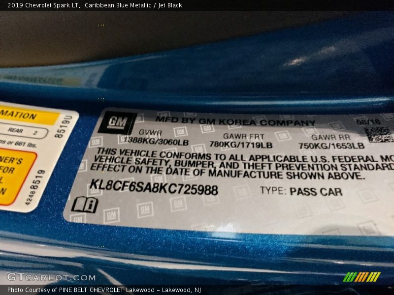 Caribbean Blue Metallic / Jet Black 2019 Chevrolet Spark LT
