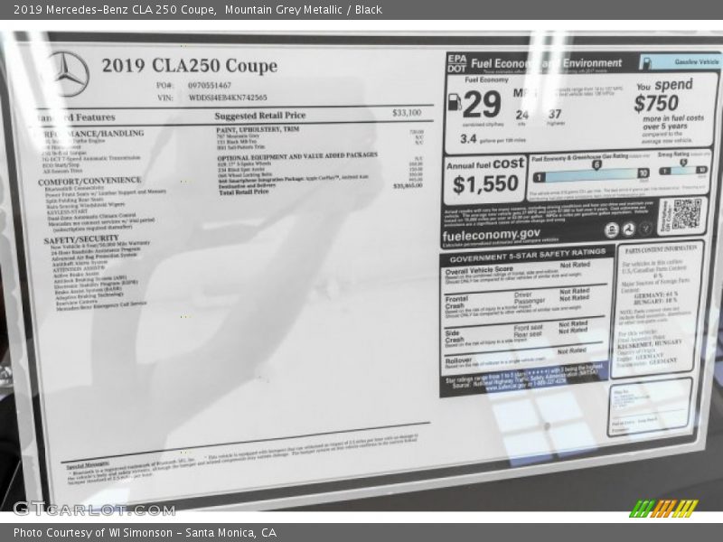 Mountain Grey Metallic / Black 2019 Mercedes-Benz CLA 250 Coupe