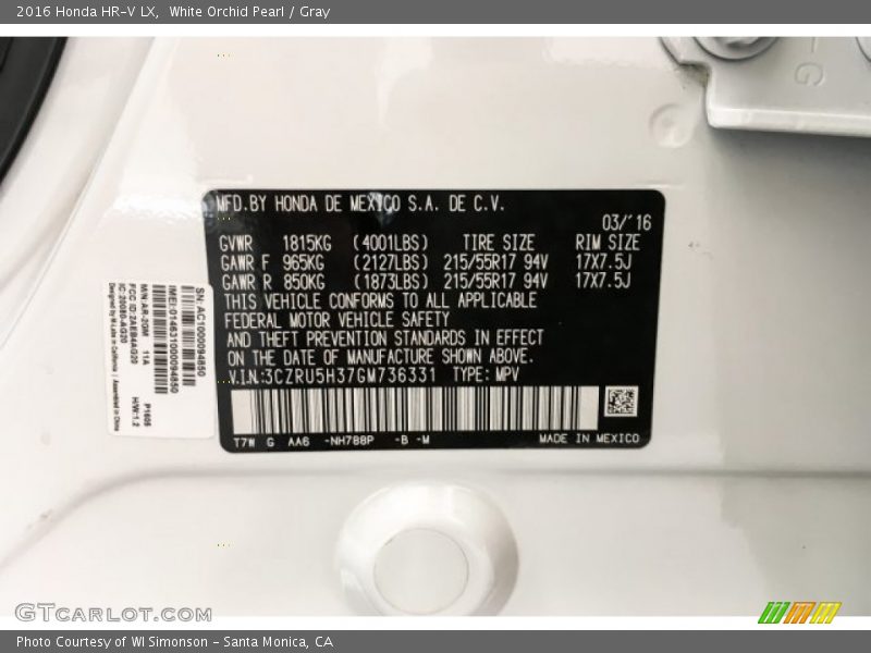 White Orchid Pearl / Gray 2016 Honda HR-V LX