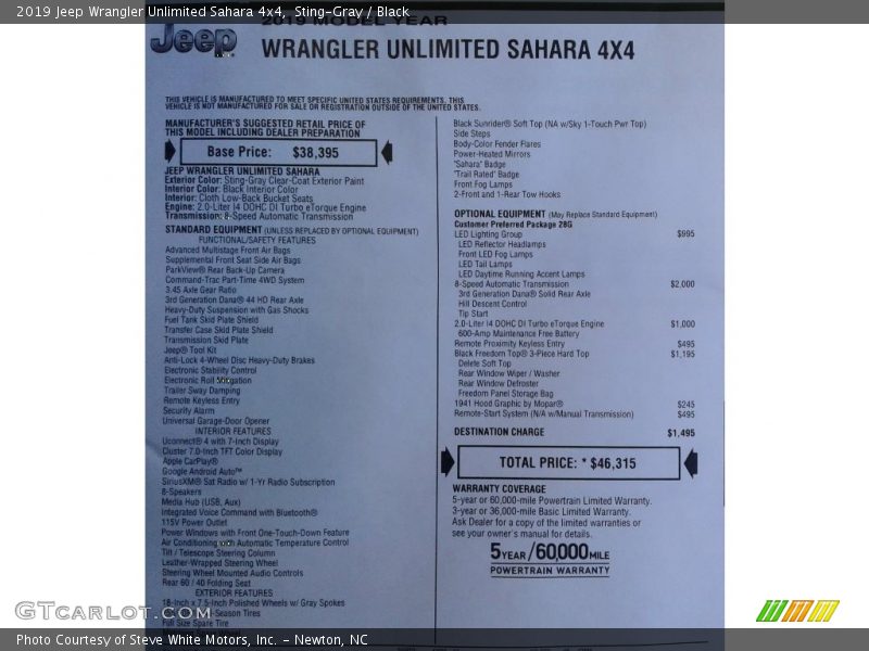 Sting-Gray / Black 2019 Jeep Wrangler Unlimited Sahara 4x4