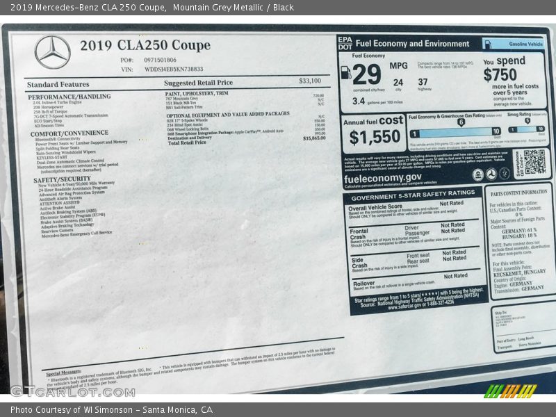 Mountain Grey Metallic / Black 2019 Mercedes-Benz CLA 250 Coupe