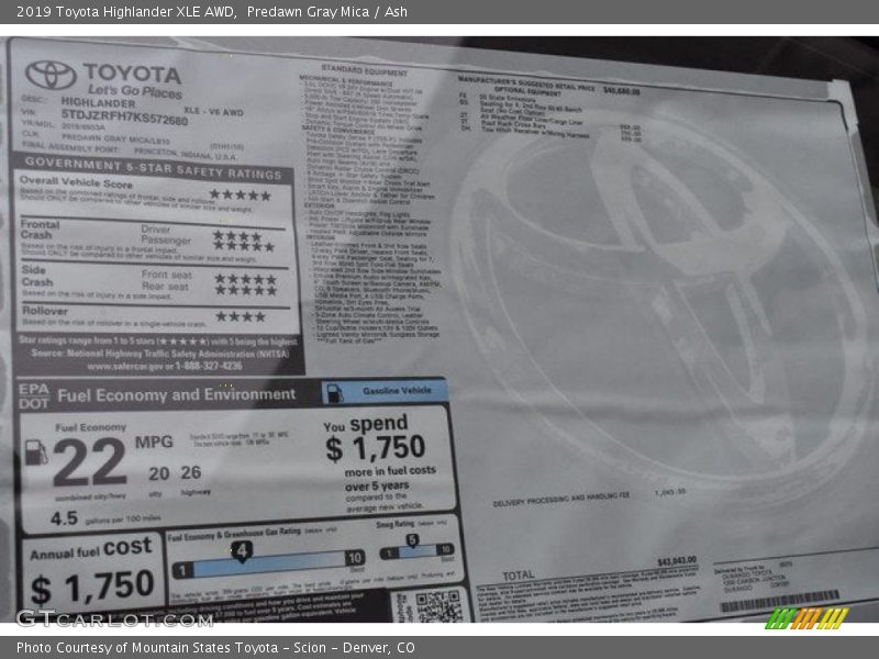 Predawn Gray Mica / Ash 2019 Toyota Highlander XLE AWD