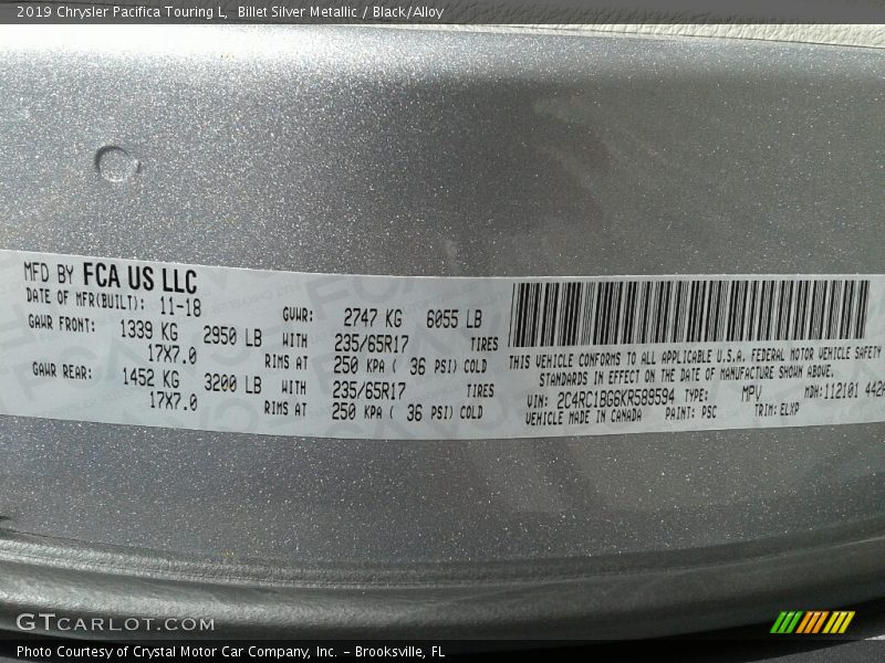 Billet Silver Metallic / Black/Alloy 2019 Chrysler Pacifica Touring L