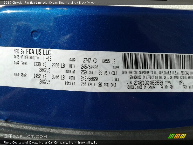 2019 Pacifica Limited Ocean Blue Metallic Color Code PBM