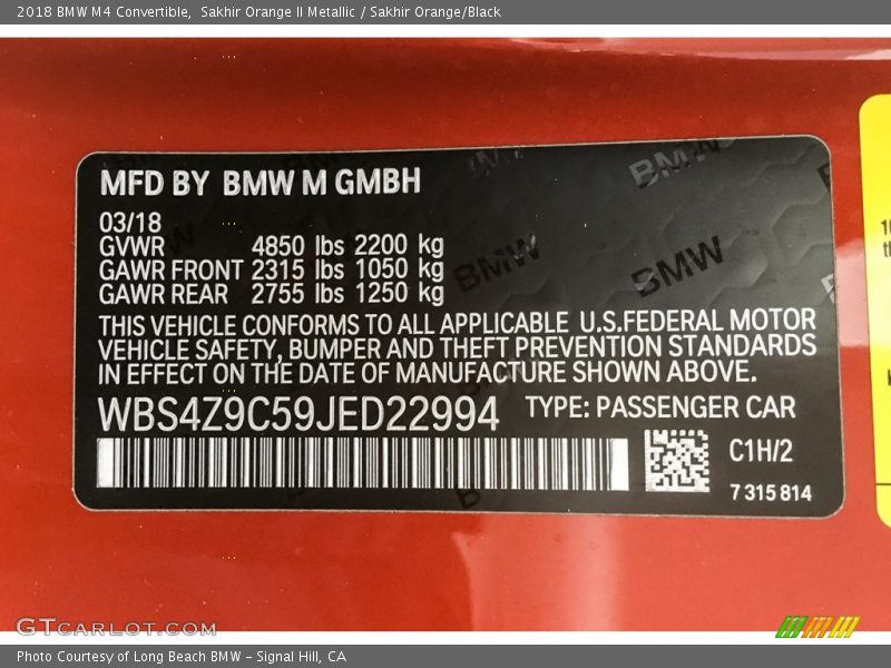 2018 M4 Convertible Sakhir Orange II Metallic Color Code C1H