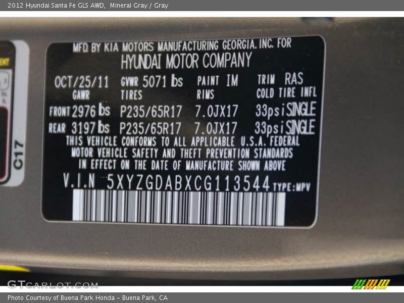 Mineral Gray / Gray 2012 Hyundai Santa Fe GLS AWD