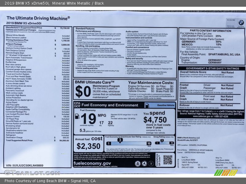  2019 X5 xDrive50i Window Sticker
