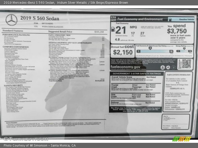 Iridium Silver Metallic / Silk Beige/Espresso Brown 2019 Mercedes-Benz S 560 Sedan