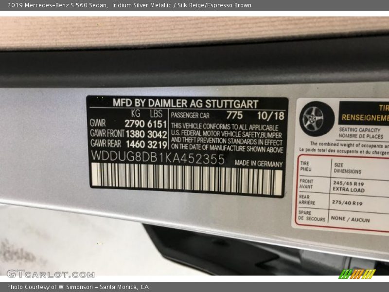 Iridium Silver Metallic / Silk Beige/Espresso Brown 2019 Mercedes-Benz S 560 Sedan