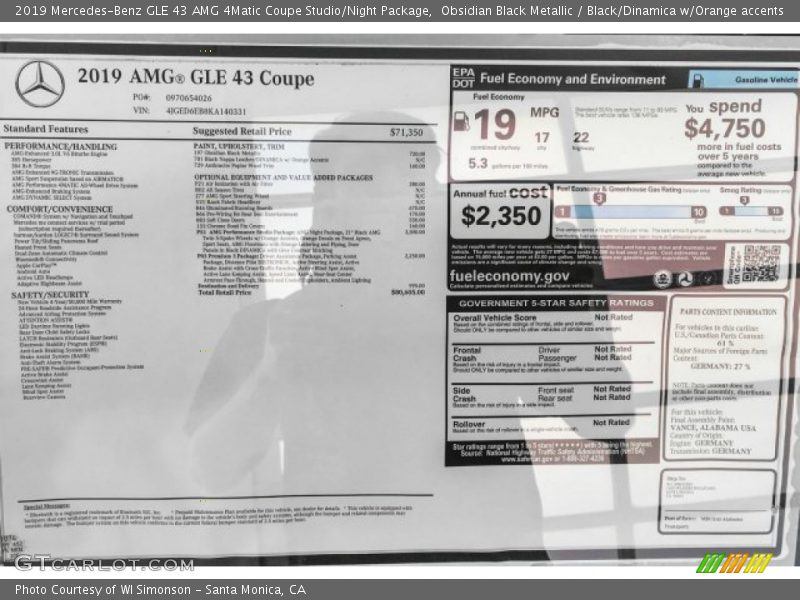  2019 GLE 43 AMG 4Matic Coupe Studio/Night Package Window Sticker