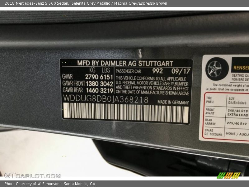 Selenite Grey Metallic / Magma Grey/Espresso Brown 2018 Mercedes-Benz S 560 Sedan