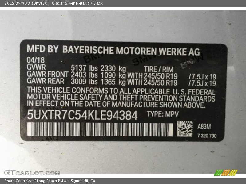 Glacier Silver Metallic / Black 2019 BMW X3 sDrive30i