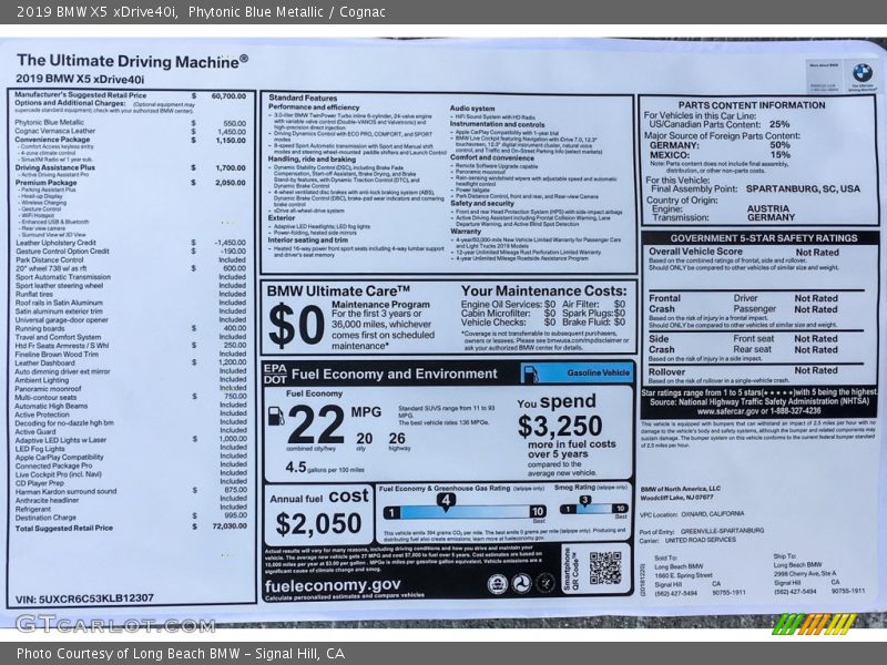  2019 X5 xDrive40i Window Sticker
