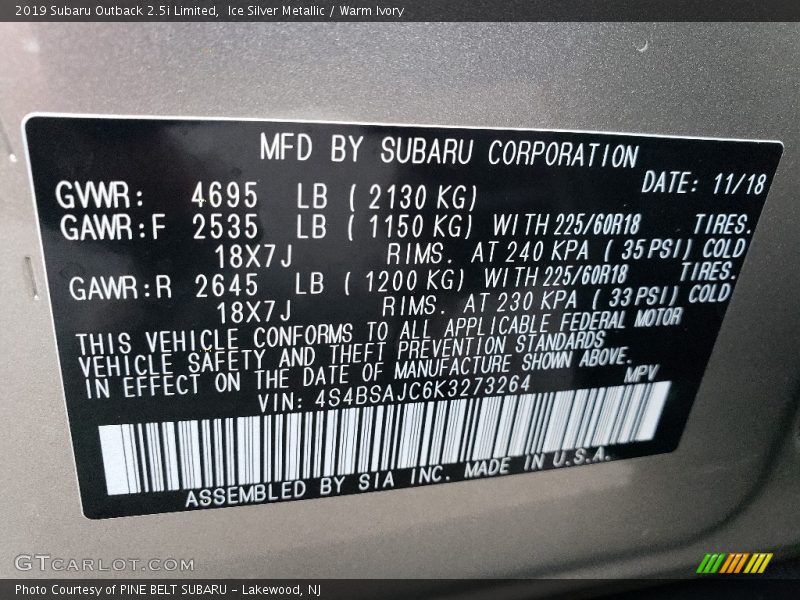 Ice Silver Metallic / Warm Ivory 2019 Subaru Outback 2.5i Limited
