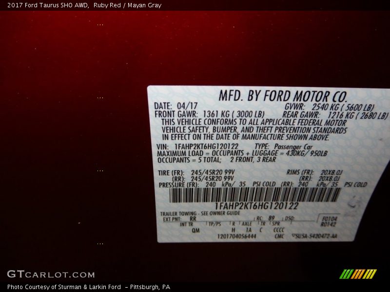 2017 Taurus SHO AWD Ruby Red Color Code RR