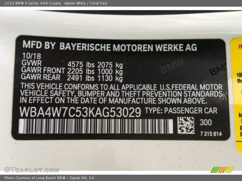 Alpine White / Coral Red 2019 BMW 4 Series 440i Coupe