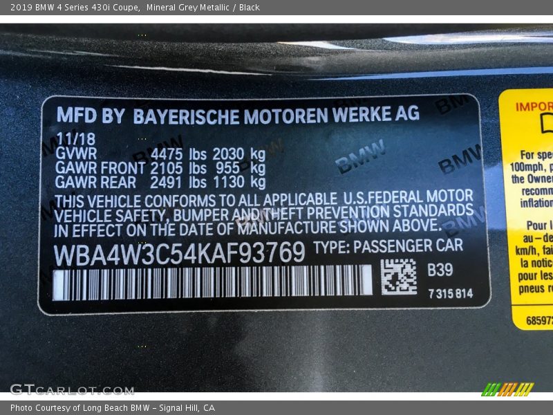 Mineral Grey Metallic / Black 2019 BMW 4 Series 430i Coupe