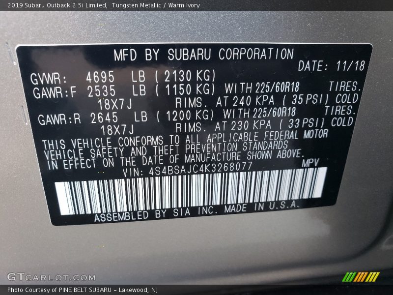 Tungsten Metallic / Warm Ivory 2019 Subaru Outback 2.5i Limited