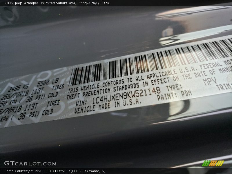2019 Wrangler Unlimited Sahara 4x4 Sting-Gray Color Code PDN