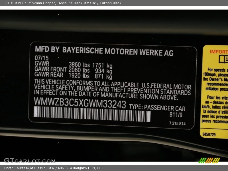 Absolute Black Metallic / Carbon Black 2016 Mini Countryman Cooper