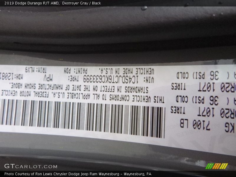 2019 Durango R/T AWD Destroyer Gray Color Code PDN
