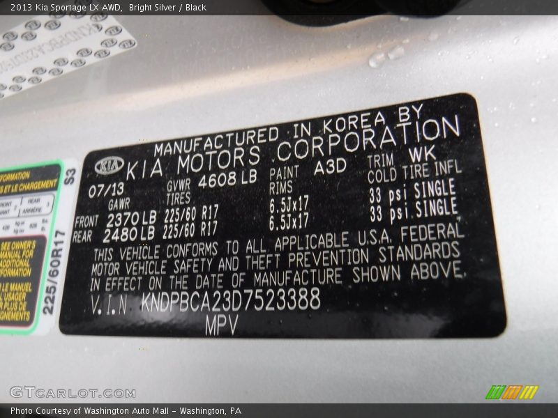 Bright Silver / Black 2013 Kia Sportage LX AWD