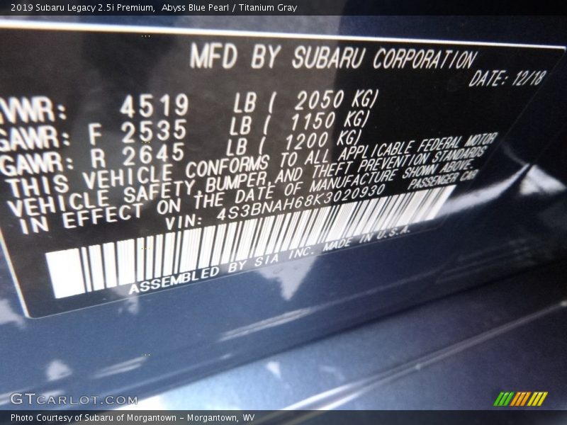 Abyss Blue Pearl / Titanium Gray 2019 Subaru Legacy 2.5i Premium