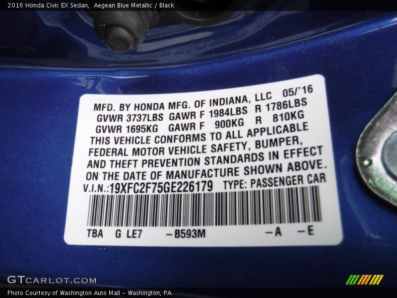 Aegean Blue Metallic / Black 2016 Honda Civic EX Sedan
