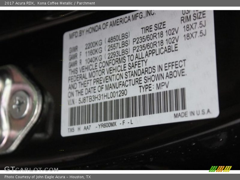 Kona Coffee Metallic / Parchment 2017 Acura RDX