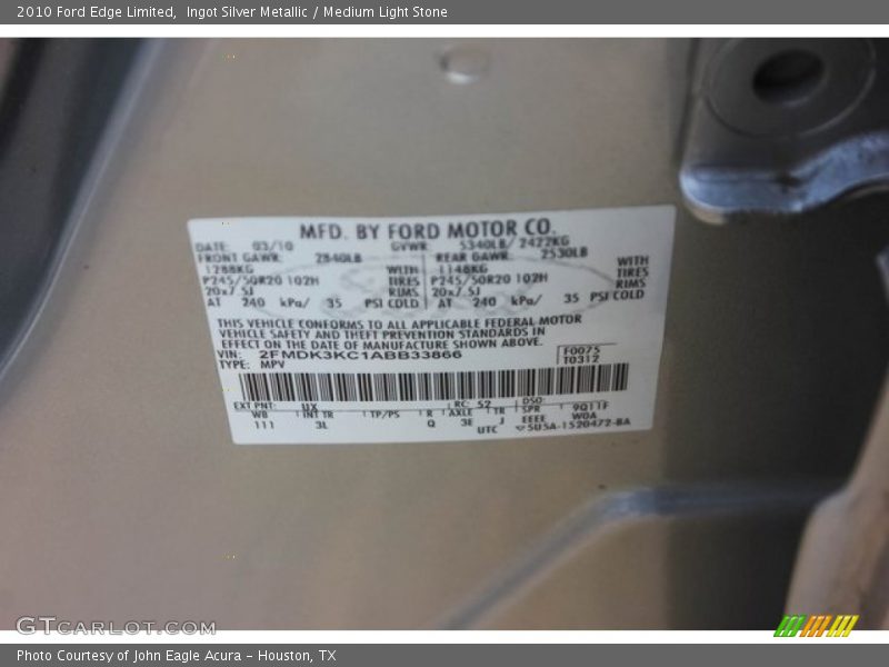 Ingot Silver Metallic / Medium Light Stone 2010 Ford Edge Limited