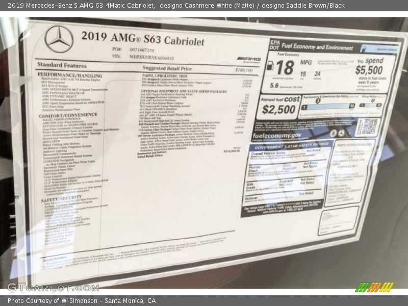  2019 S AMG 63 4Matic Cabriolet Window Sticker