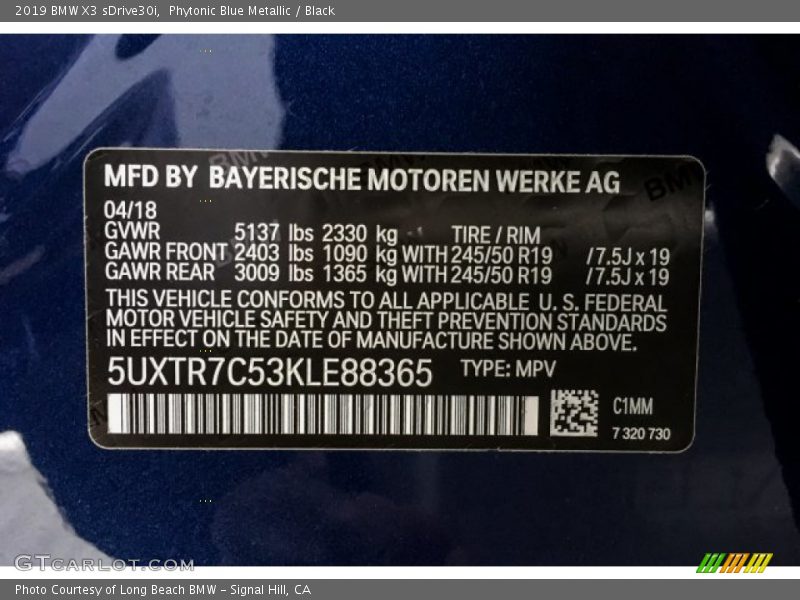 Phytonic Blue Metallic / Black 2019 BMW X3 sDrive30i