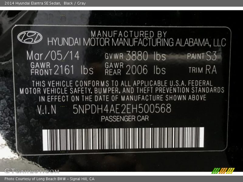 Black / Gray 2014 Hyundai Elantra SE Sedan