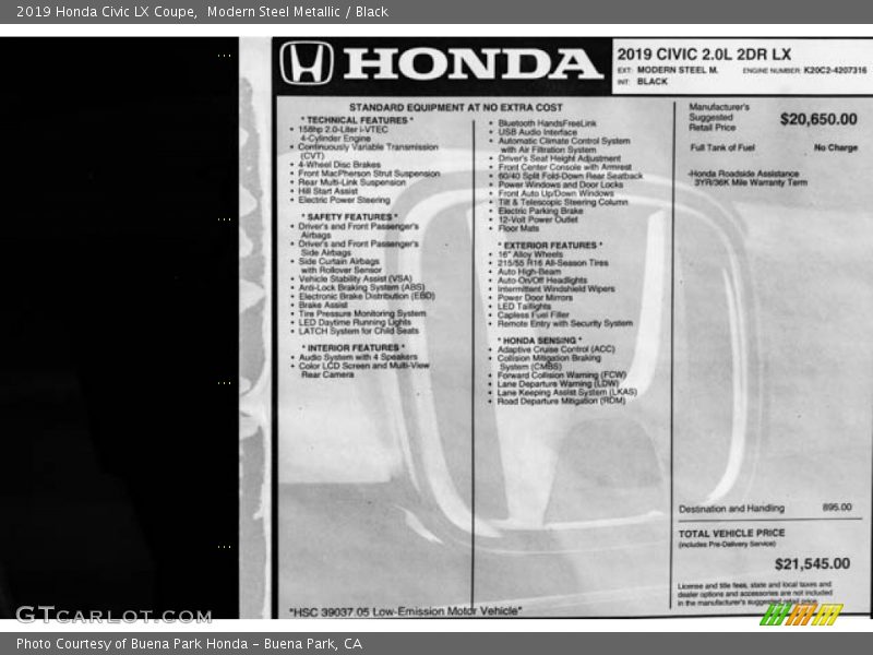 Modern Steel Metallic / Black 2019 Honda Civic LX Coupe