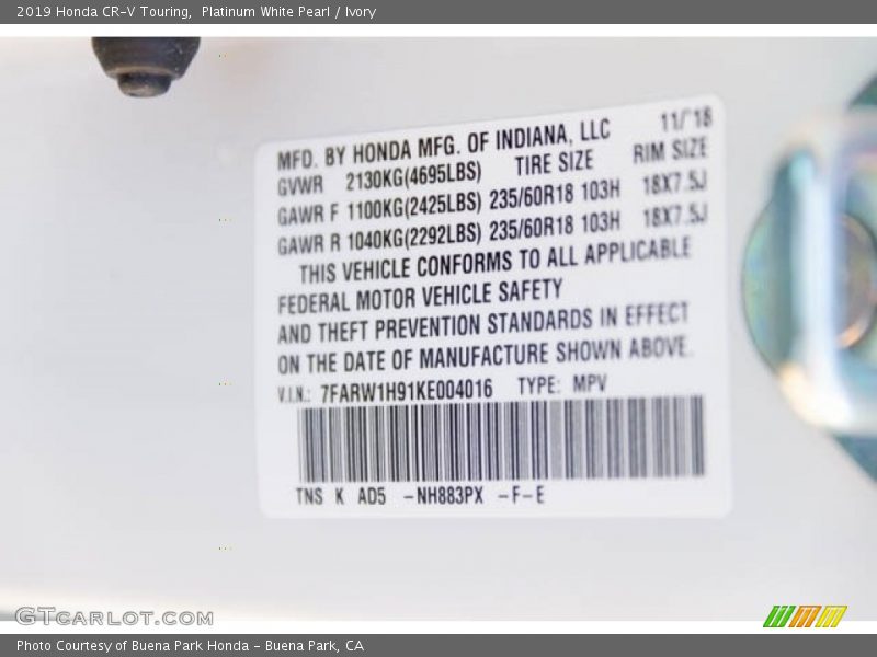 Platinum White Pearl / Ivory 2019 Honda CR-V Touring