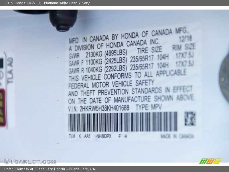 Platinum White Pearl / Ivory 2019 Honda CR-V LX
