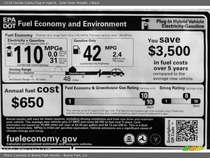 Solar Silver Metallic / Black 2018 Honda Clarity Plug In Hybrid