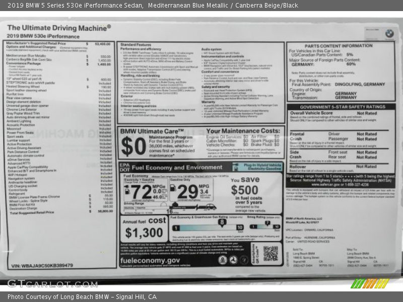 Mediterranean Blue Metallic / Canberra Beige/Black 2019 BMW 5 Series 530e iPerformance Sedan