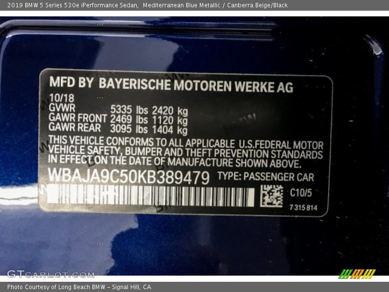 Mediterranean Blue Metallic / Canberra Beige/Black 2019 BMW 5 Series 530e iPerformance Sedan