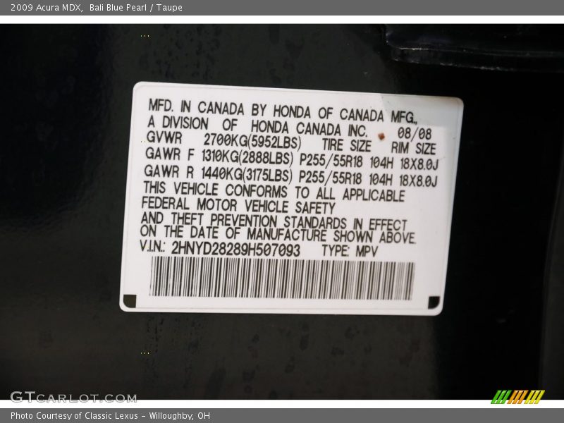 Bali Blue Pearl / Taupe 2009 Acura MDX