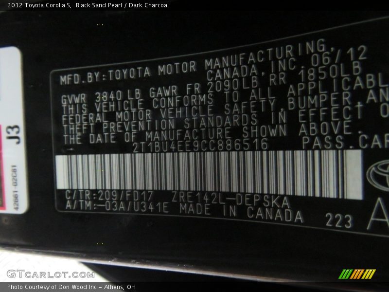 Black Sand Pearl / Dark Charcoal 2012 Toyota Corolla S