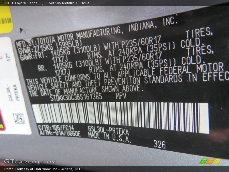 Silver Sky Metallic / Bisque 2011 Toyota Sienna LE