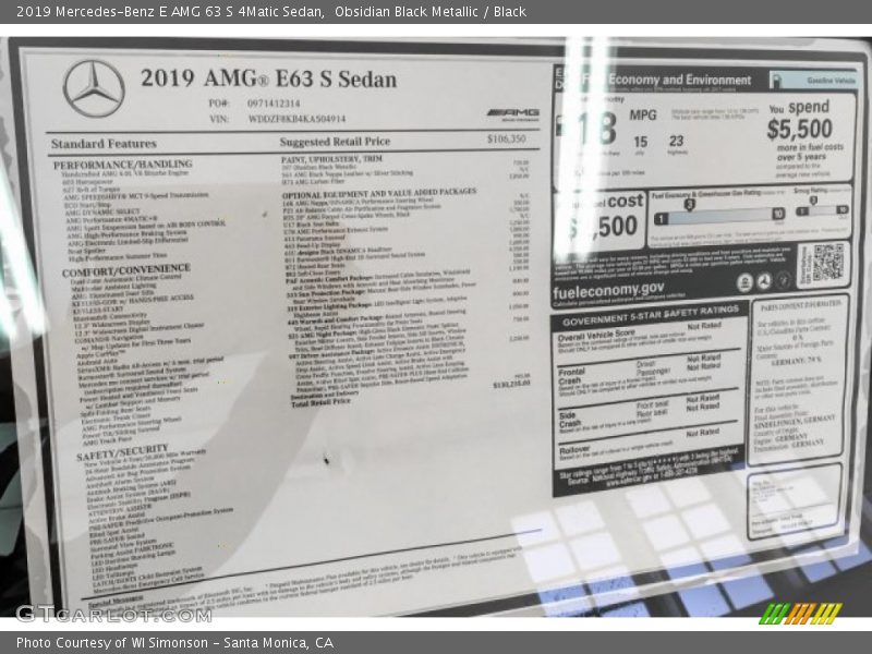  2019 E AMG 63 S 4Matic Sedan Window Sticker