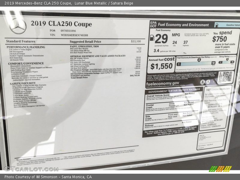 Lunar Blue Metallic / Sahara Beige 2019 Mercedes-Benz CLA 250 Coupe