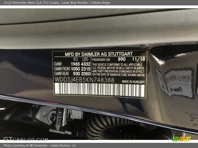 Lunar Blue Metallic / Sahara Beige 2019 Mercedes-Benz CLA 250 Coupe